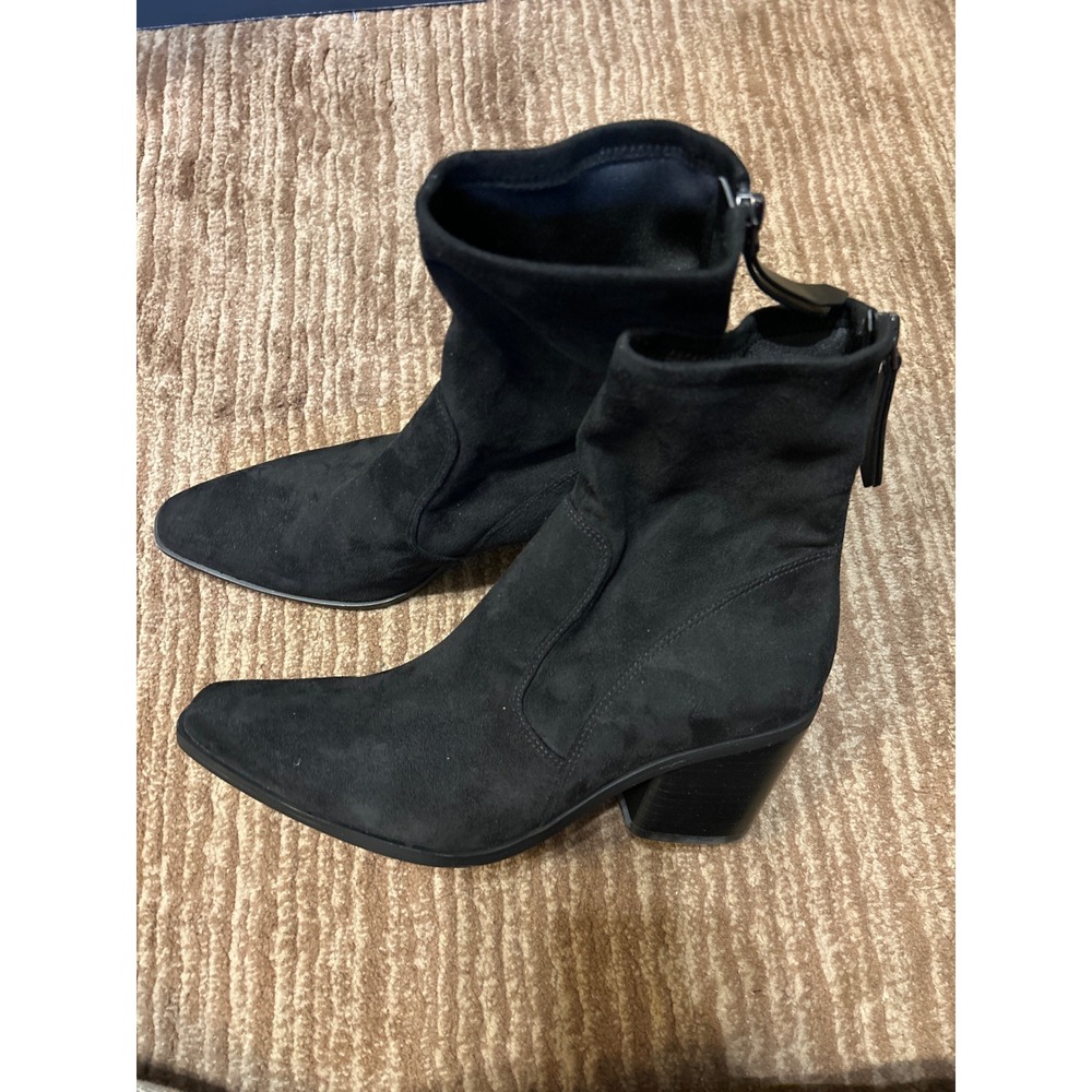 Ella Black Suede Ankle Boots Stretch Back Zip Pointed Toe Heel 8M $150. NIB‎